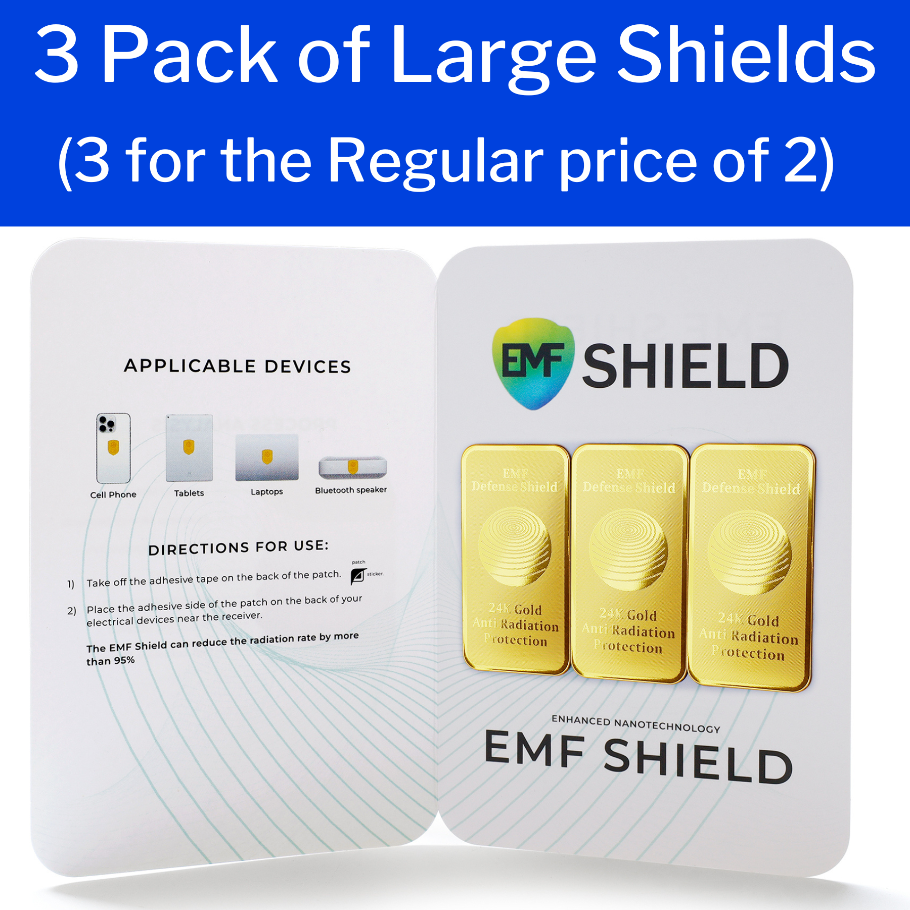 A gold-colored bar with the EMF Defense Shield branding and text '24K Gold Anti Radiation Protection'.