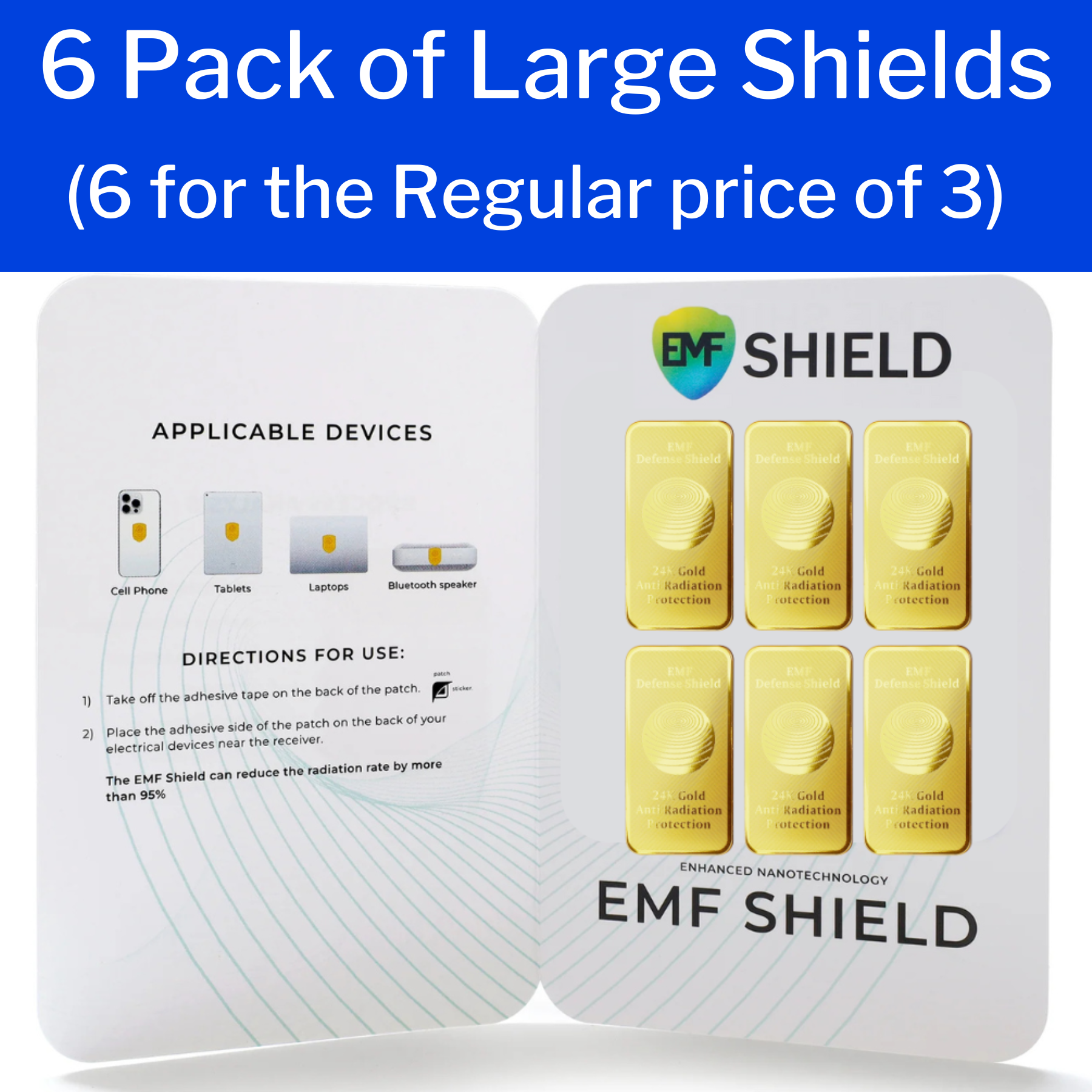 A gold-colored bar with the EMF Defense Shield branding and text '24K Gold Anti Radiation Protection'.