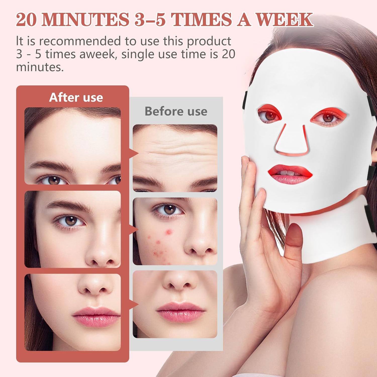 Woman using a facial mask with before and after effects shown on a chart.
