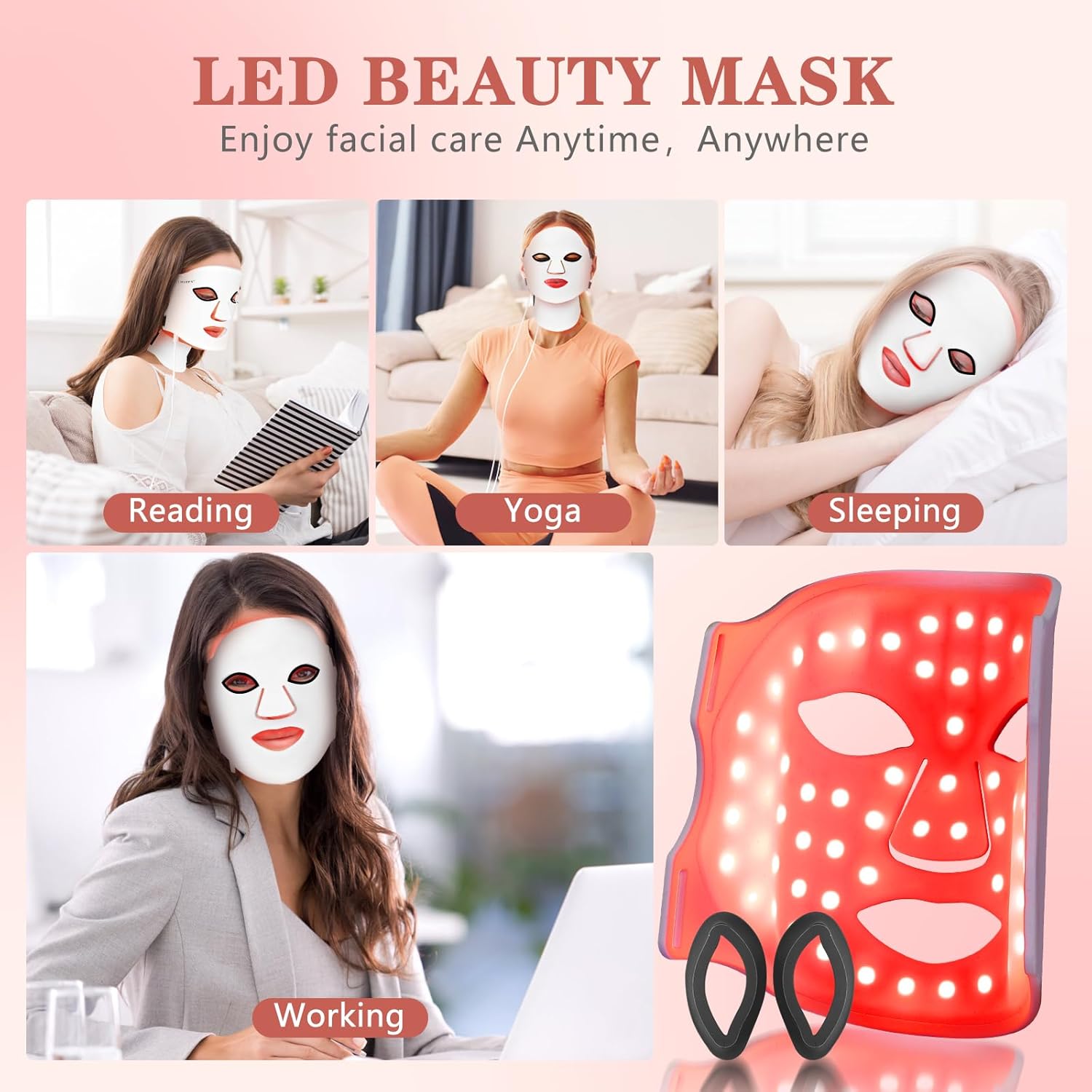 LED beauty mask with various uses shown on a pink background