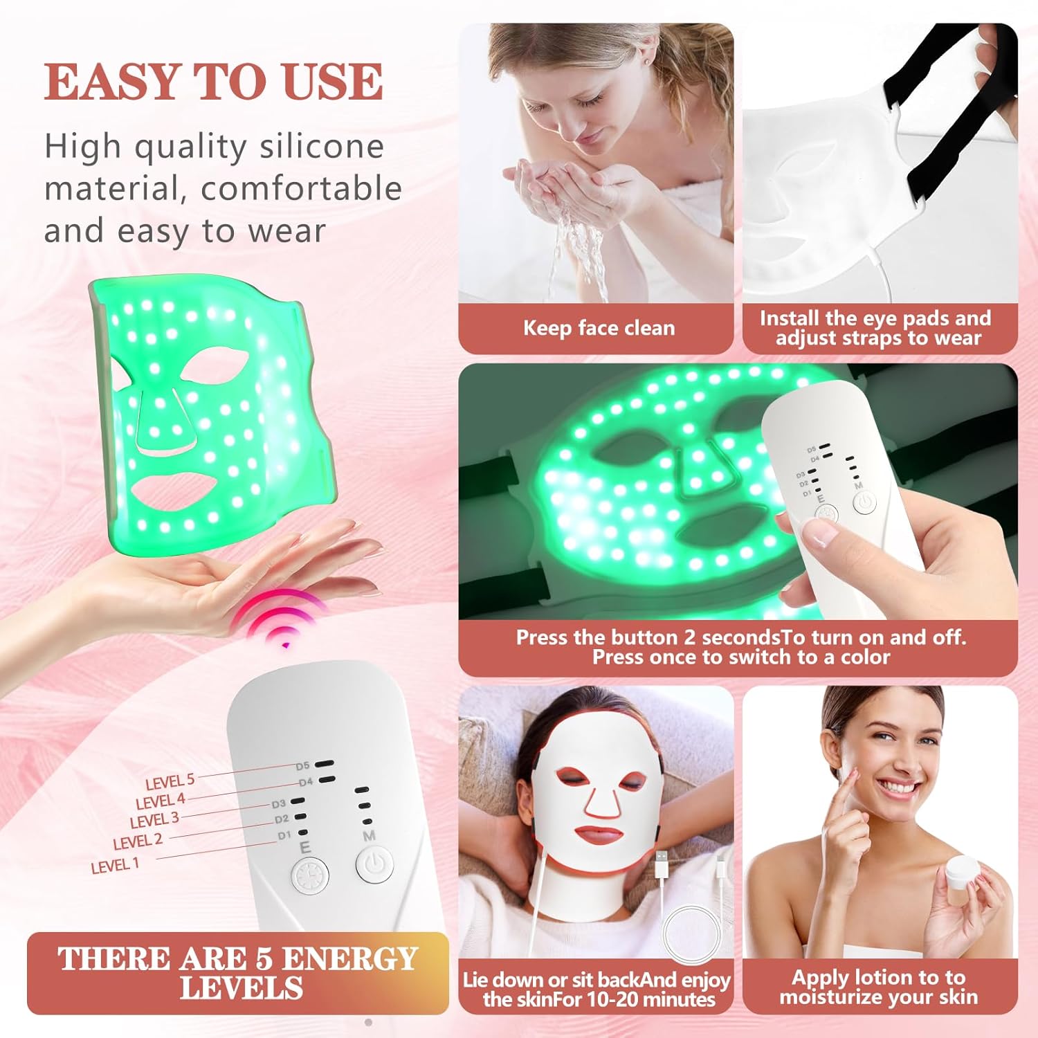 Instructions for using a LED face mask with text and images of its use.