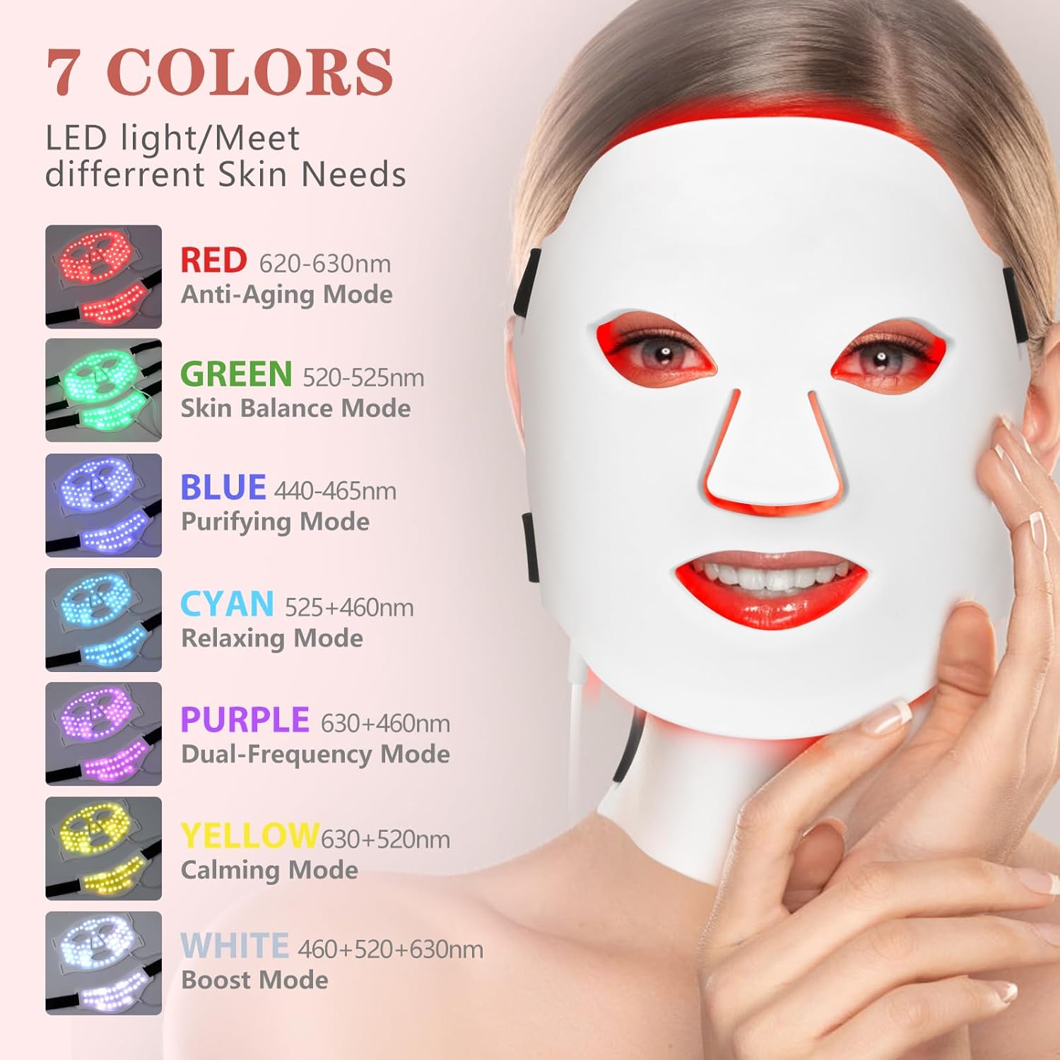 Woman wearing a LED light face mask with color options on a white background