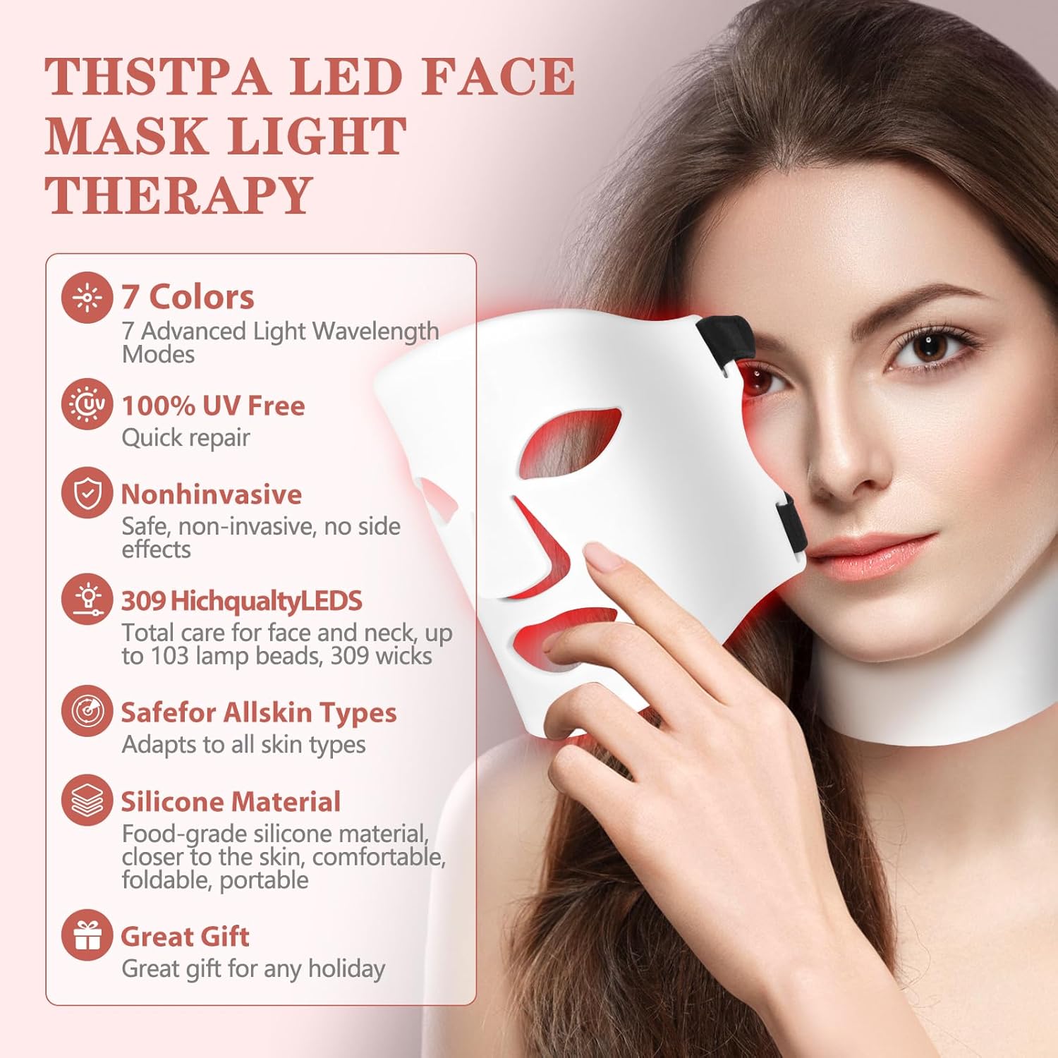 Woman using a LED face mask with product features listed on the left.