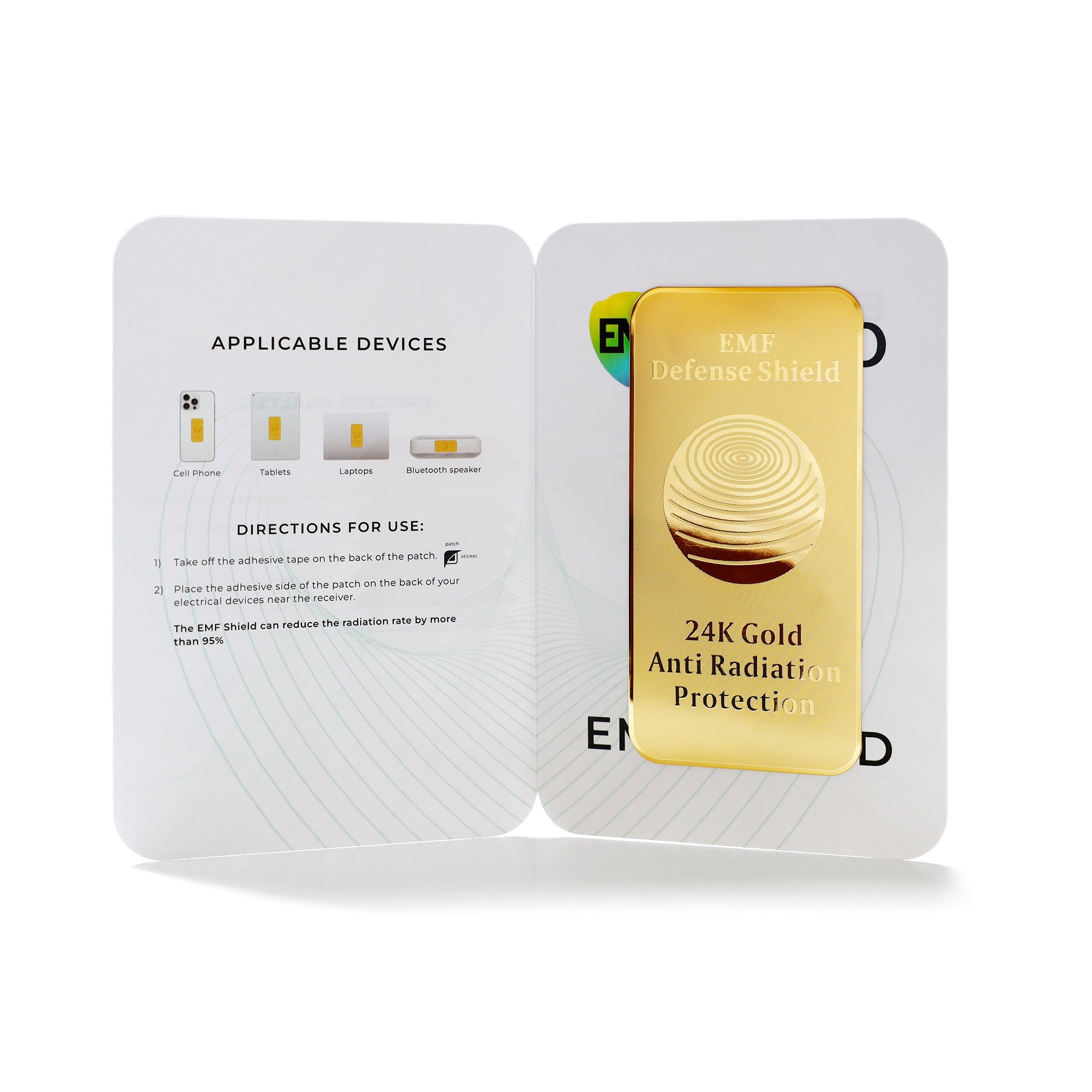 Gold EMF defense shield packaging with directions on a white background