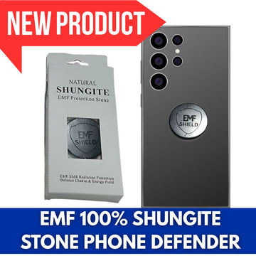 Phone with EMF shield and Shungite packaging on a white background