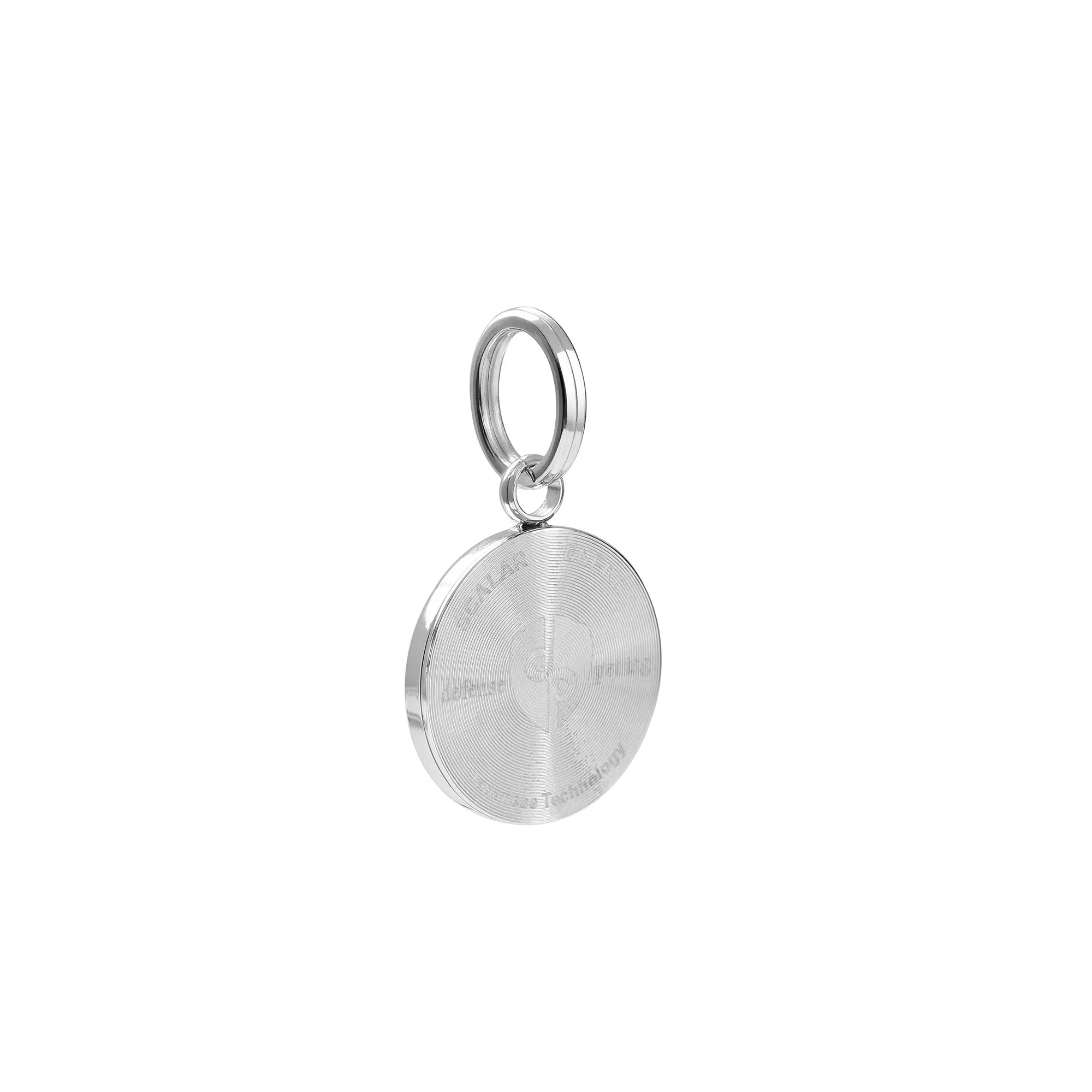 A silver-colored round pet emf defense pendant with a chain attached, designed to be worn on a pet's collar.
