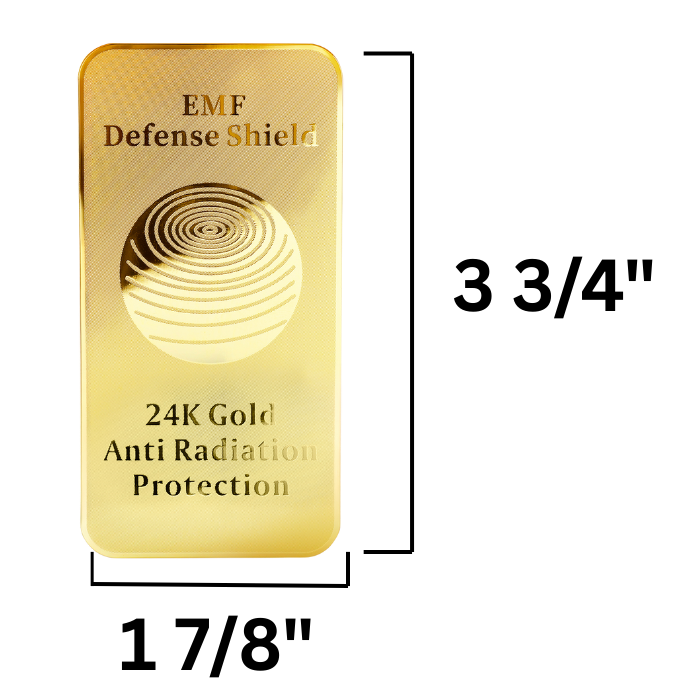 Gold bar with EMF defense shield and anti-radiation protection claims, with measurements indicated.