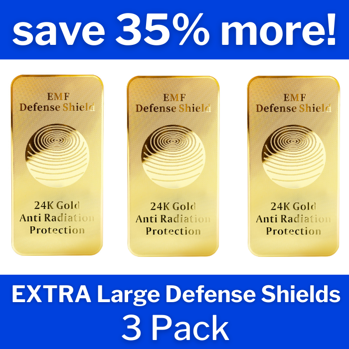 Three 24K Gold Anti Radiation Protection Shields with promotional text.