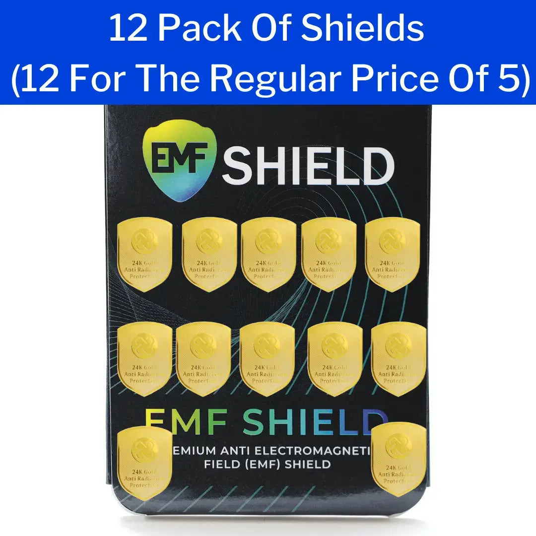 Pack of EMF Shield with promotional text on a white background