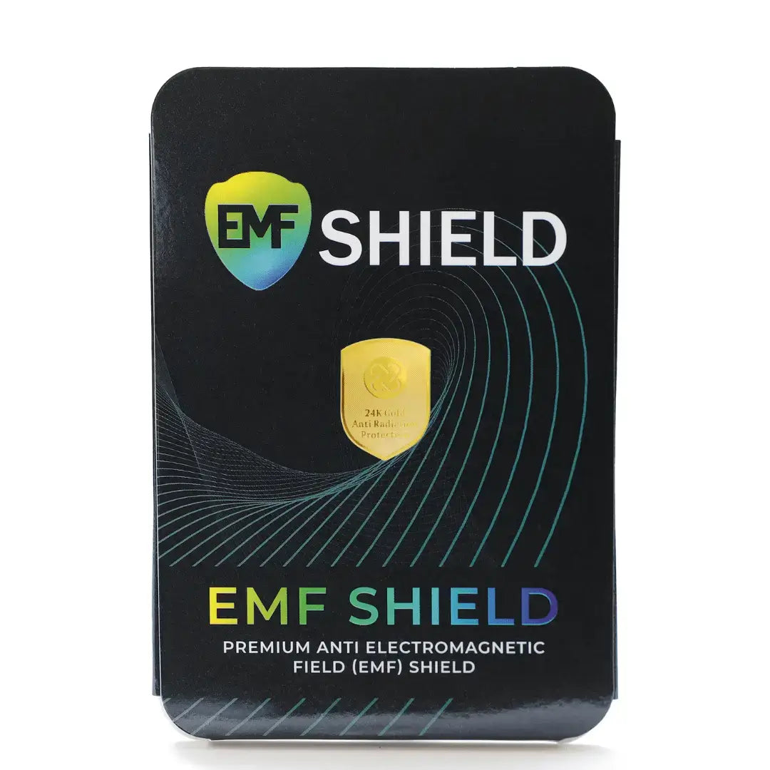 EMF Shield packaging with branding and text on a white background