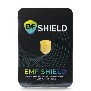 EMF Shield packaging with branding and text on a white background