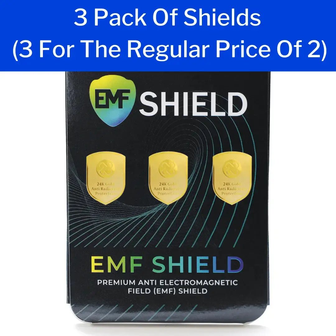 Pack of EMF Shield with promotional text on a white background