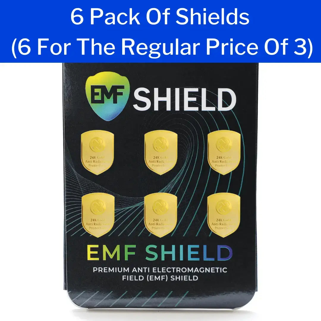 Pack of EMF shields with six yellow shields on a black background, featuring the 'EMF Shield' brand.