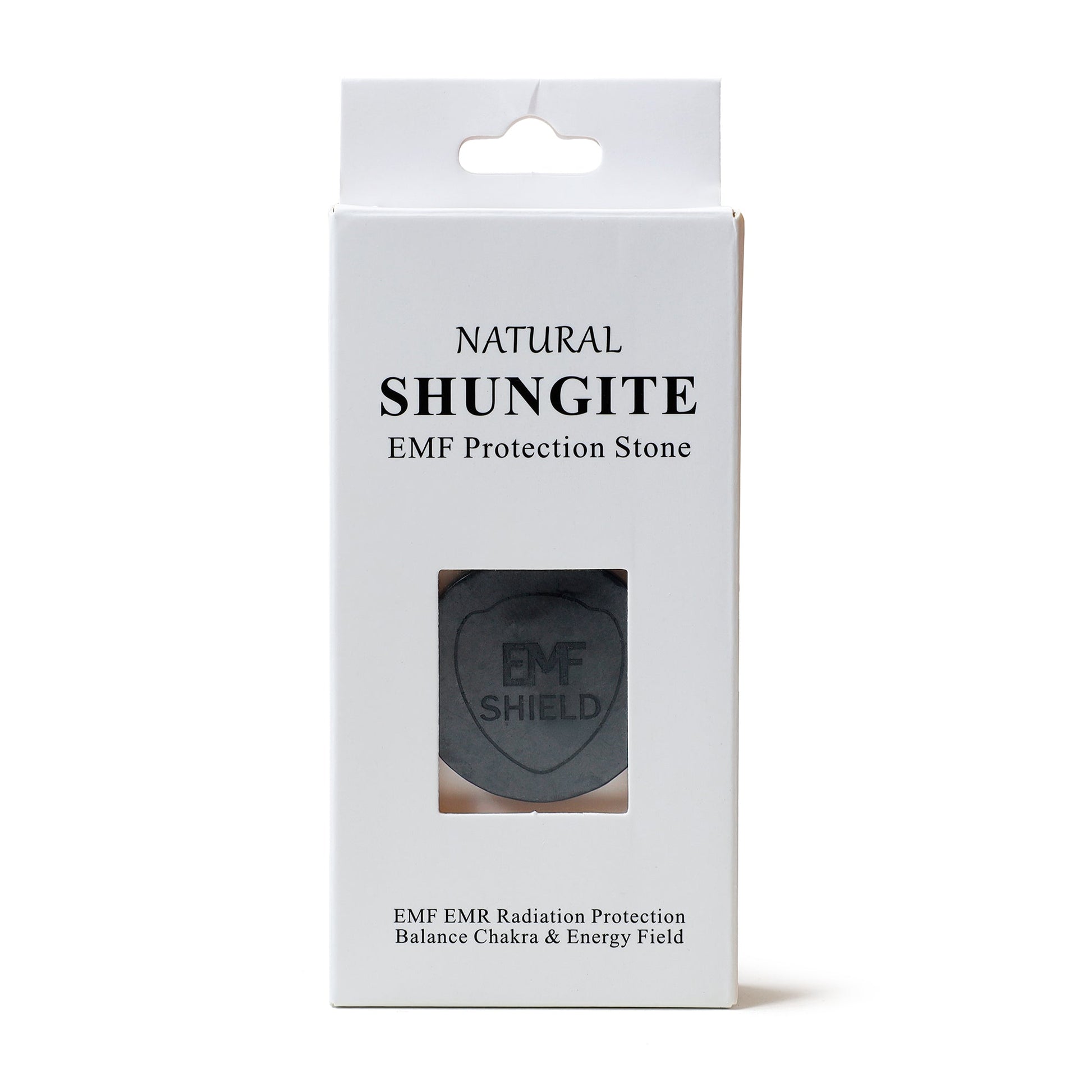 Shungite EMF protection stone in packaging with 'EMF Shield' branding on a white background