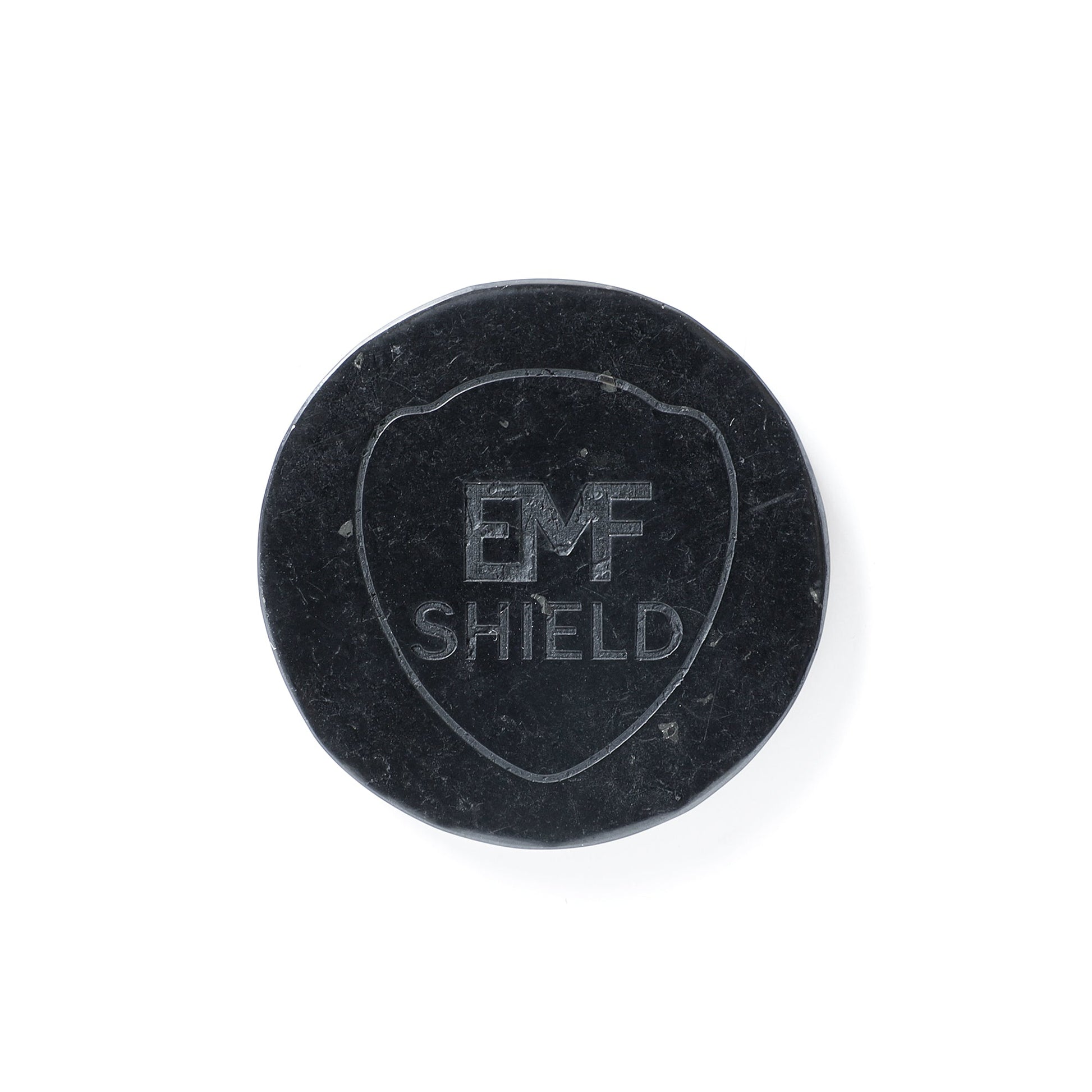 Black EMF shield device on a white background