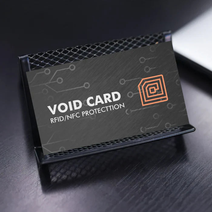 Void card with RFID/NFC protection on a dark surface.