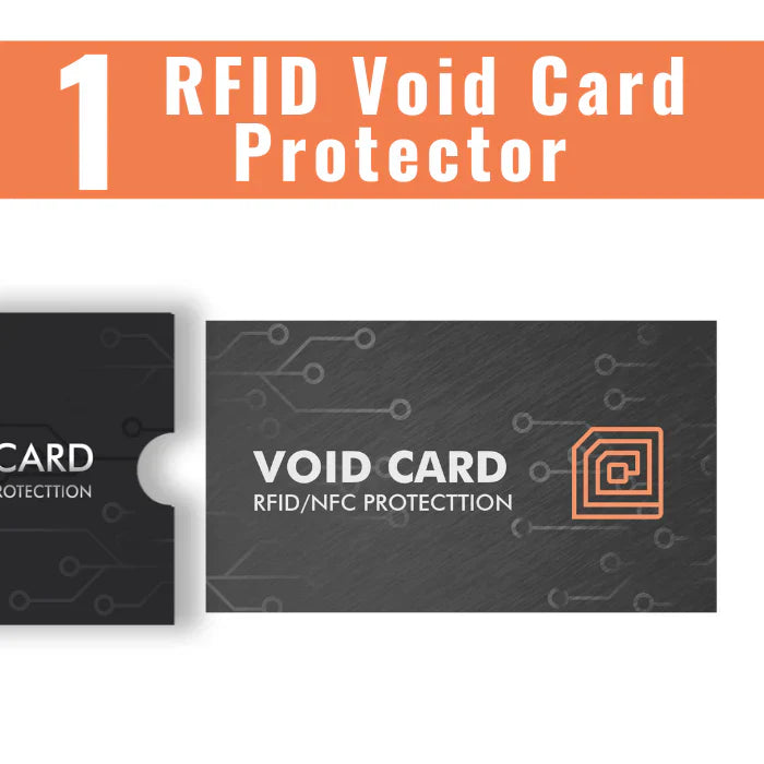 A card with 'VOID CARD RFID/NFC PROTECTION' text and a null symbol, indicating it is a protective measure for RFID and NFC technologies.