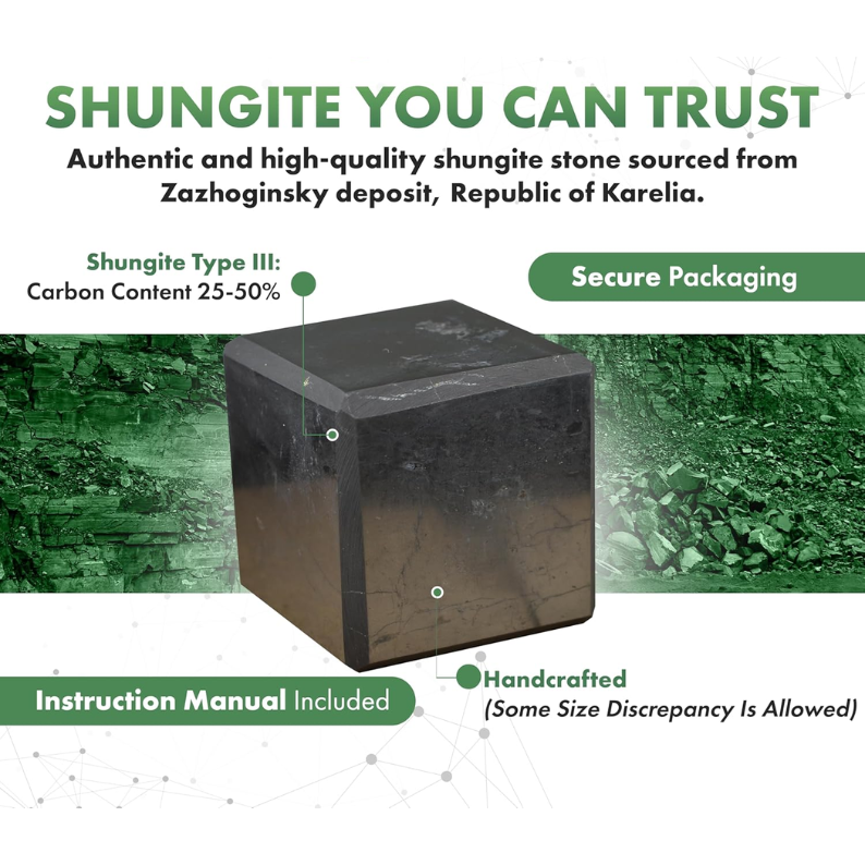 Shungite stone with text about authenticity, quality, and packaging on a green background