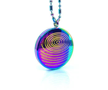 Colorful spiral pendant necklace on a white background