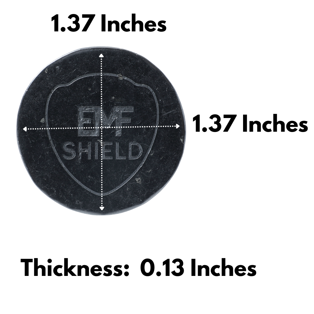 Black EMF shield disc with measurements on a white background